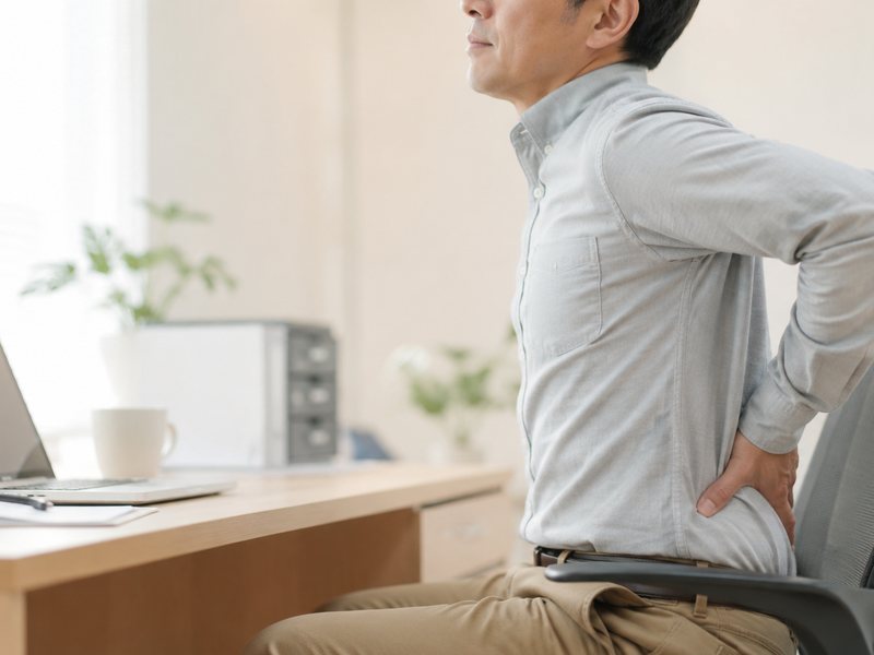 デスクワーク中に腰に手を当てる男性